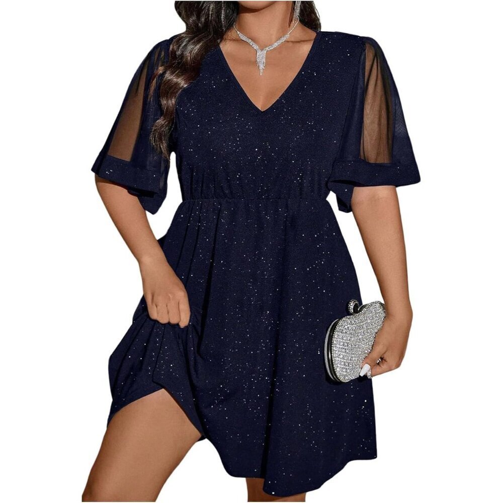 Plus Size Women's Glitter Flared Hem V Neck Cocktail Dress Casual Wear